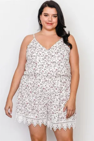 Plus Size Off White Floral Crochet Hem Tie Back Romper / 2-2-2