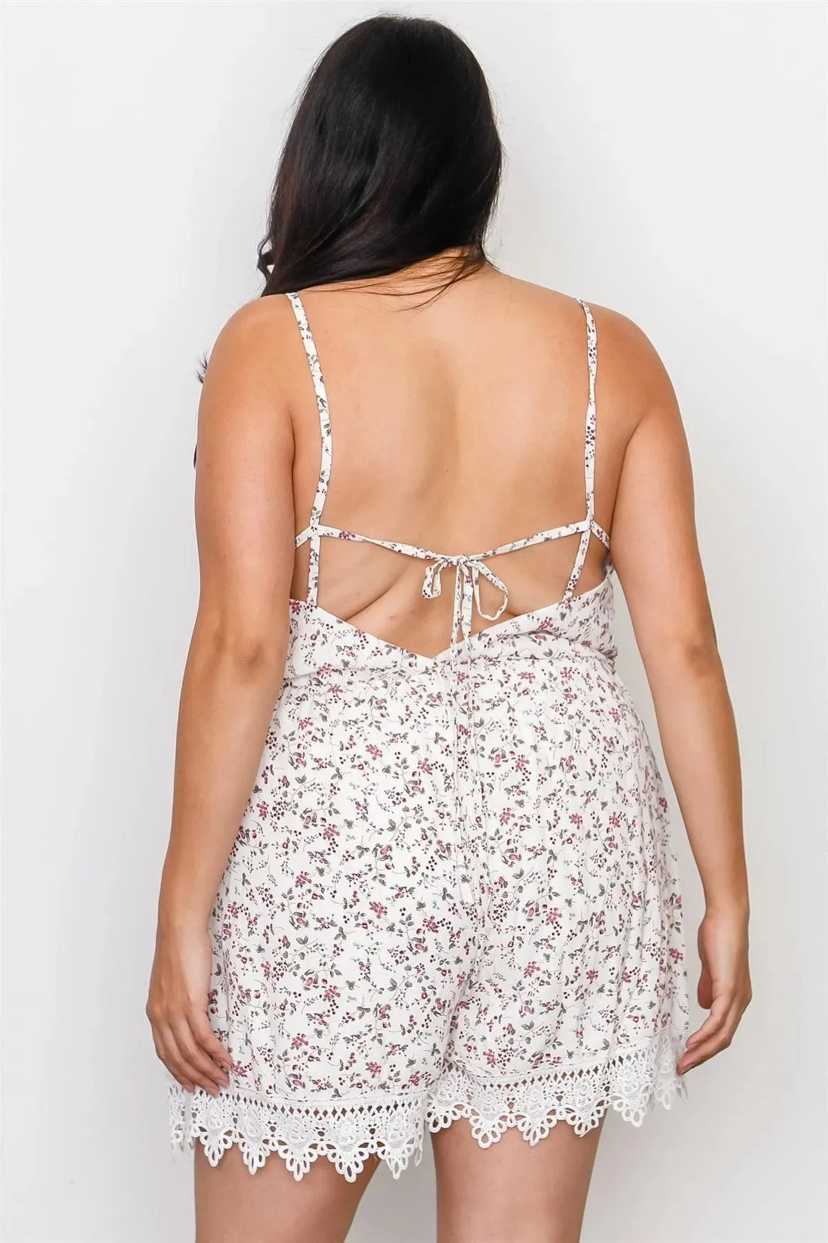 Plus Size Off White Floral Crochet Hem Tie Back Romper / 2-2-2