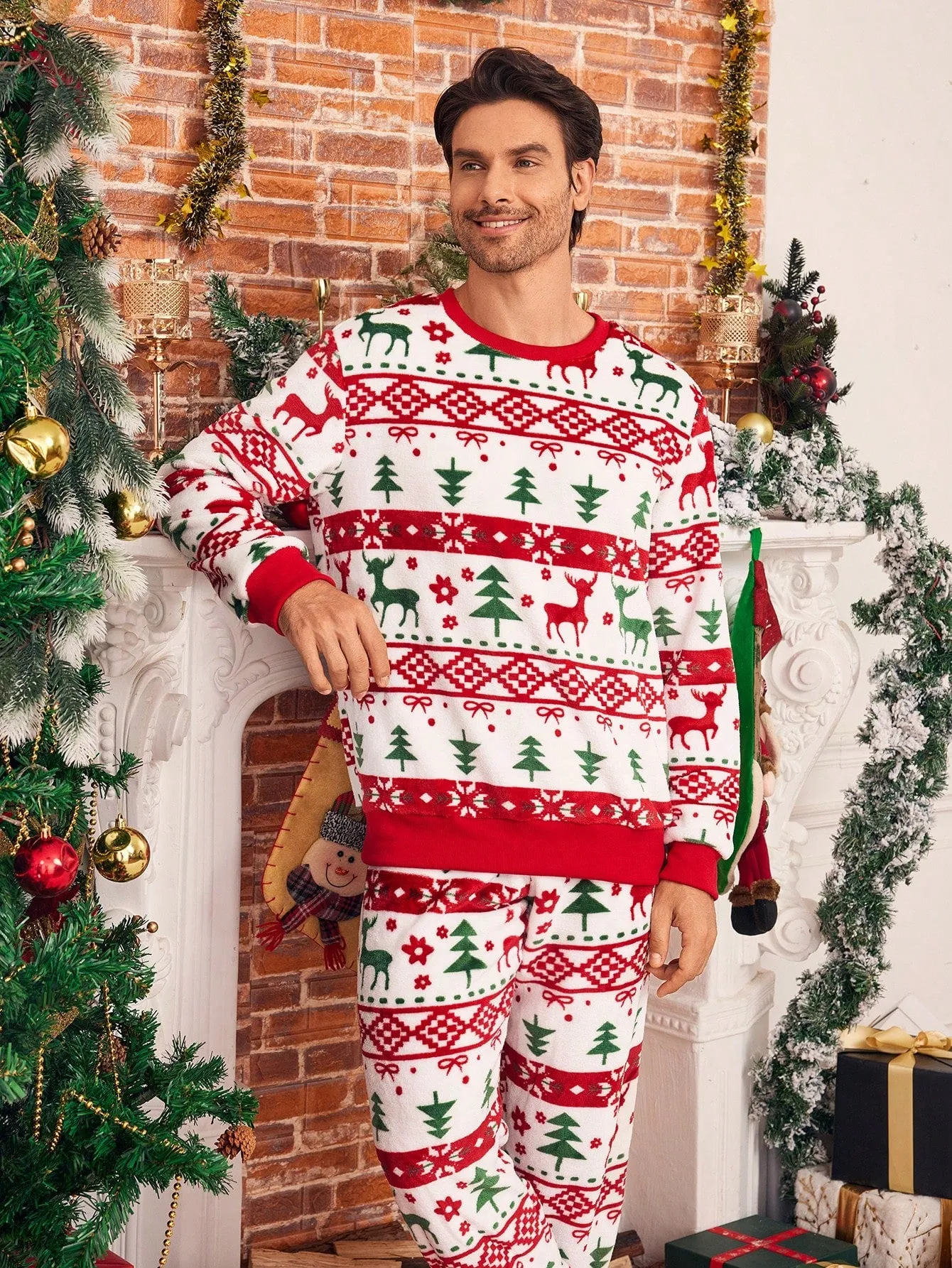 Plush pajama pants|2pcs Men's Plush Christmas Pajama Set