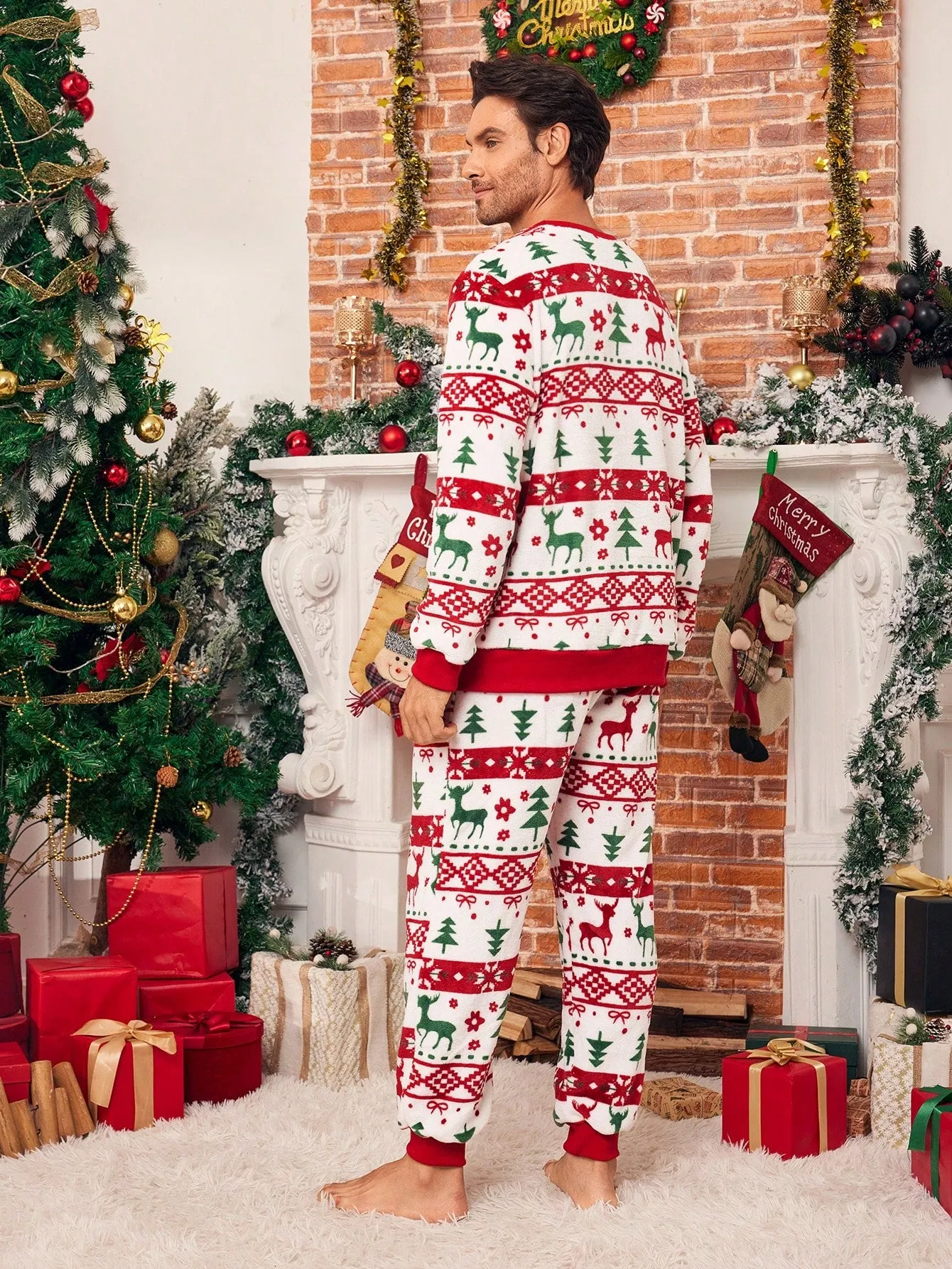 Plush pajama pants|2pcs Men's Plush Christmas Pajama Set