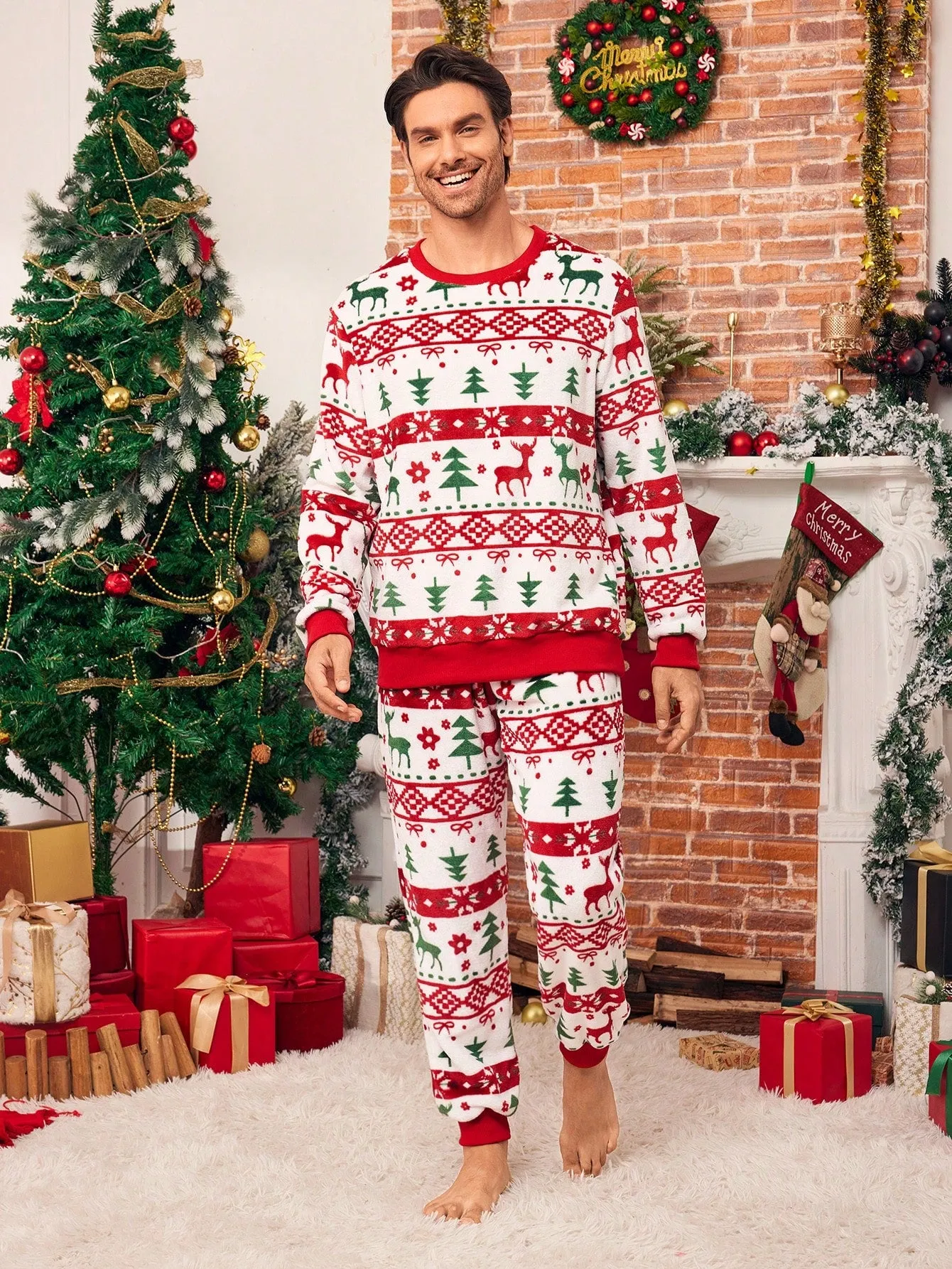 Plush pajama pants|2pcs Men's Plush Christmas Pajama Set