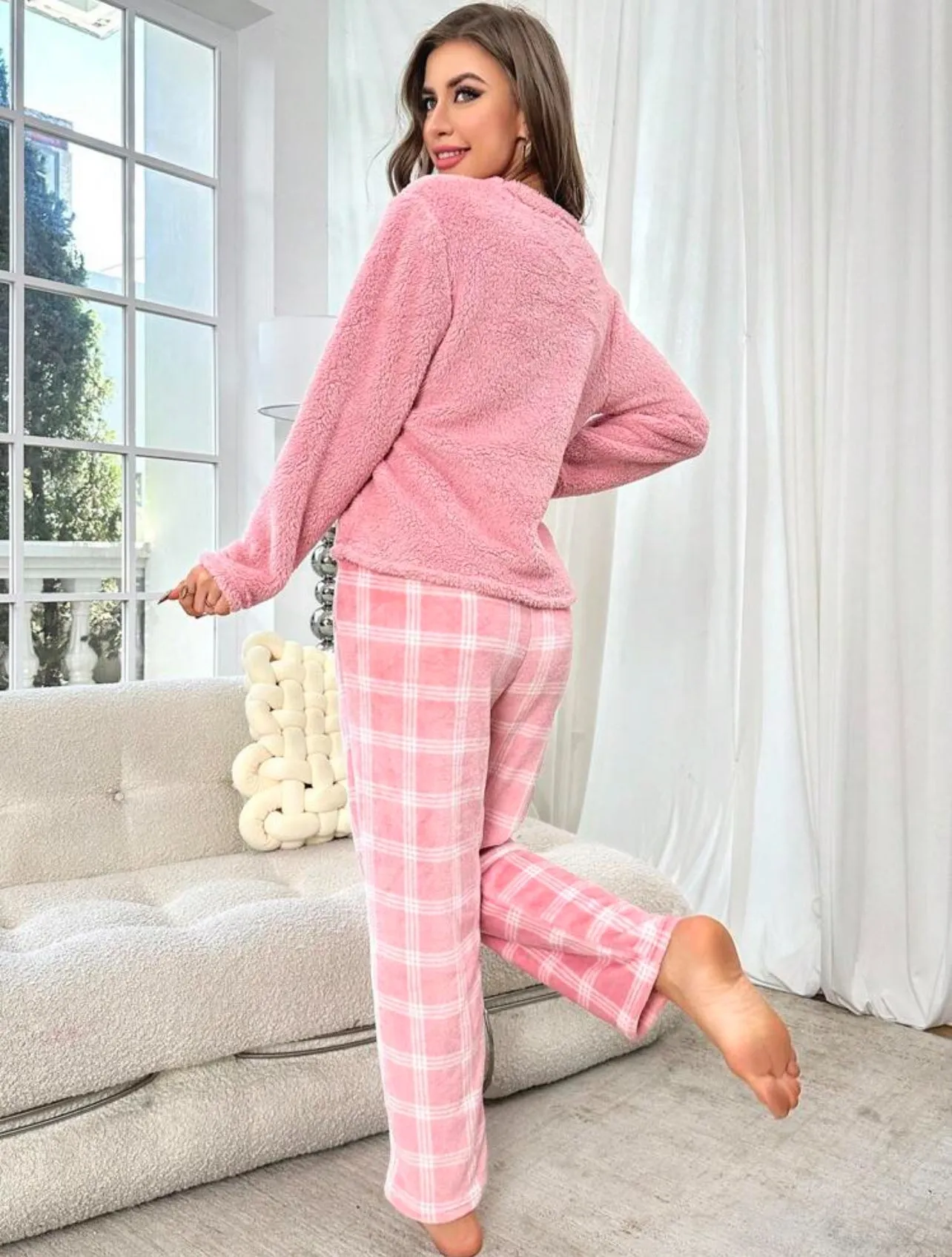 Plush Solid Color Long Sleeve Top and Plaid Pants Pajama Set