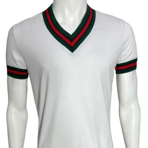 Premium Clothing White Men's V-Neck  T-shirt Red & Green Trim Short Sleeves