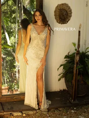 Primavera Couture 12065 Long Fitted Crystal Beaded Prom Dress Slit Pageant Gown Formal