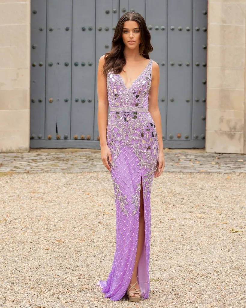 Primavera Couture 3640 Size 6 Long Beaded Cut Glass Formal Prom Dress Slit Backless
