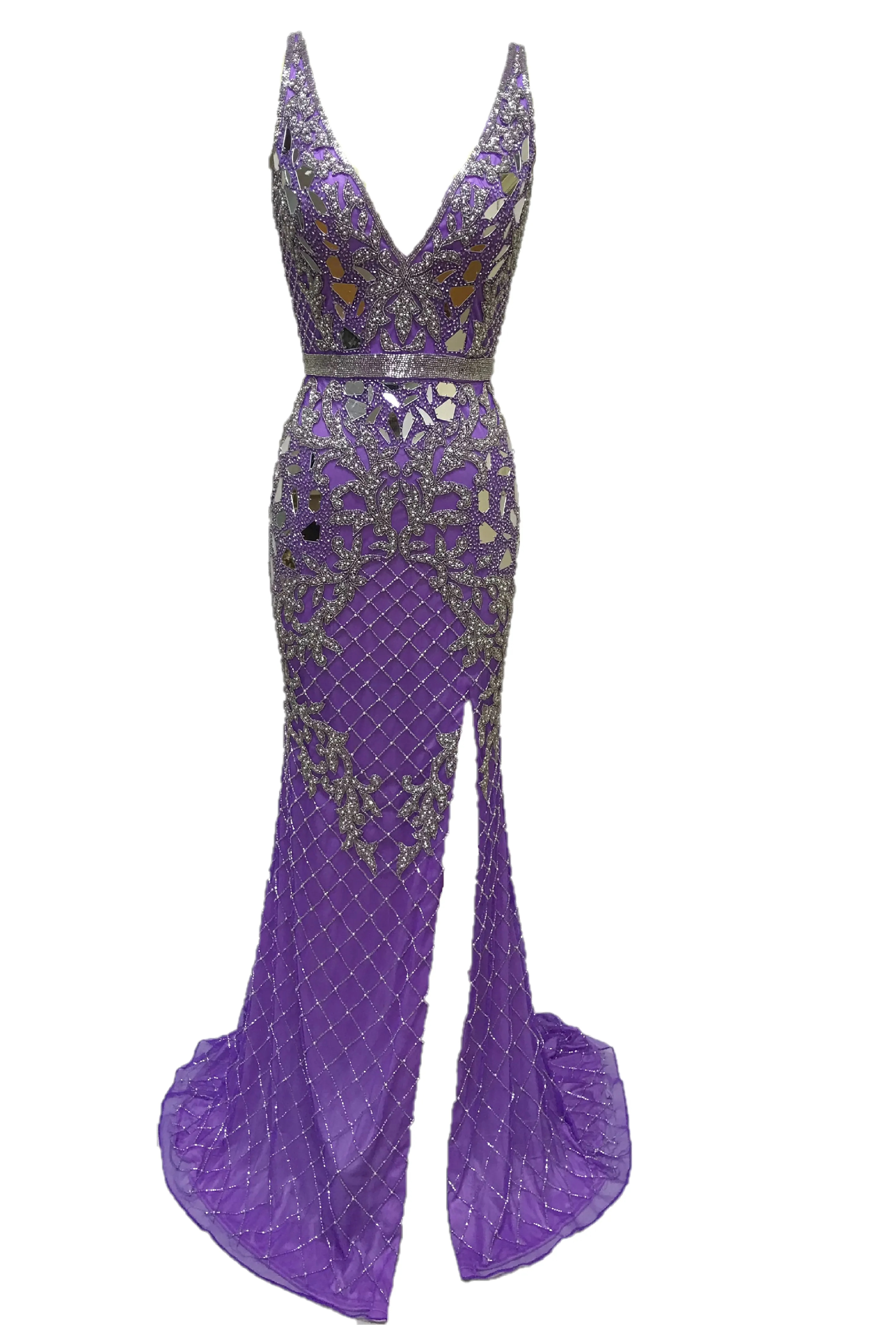 Primavera Couture 3640 Size 6 Long Beaded Cut Glass Formal Prom Dress Slit Backless