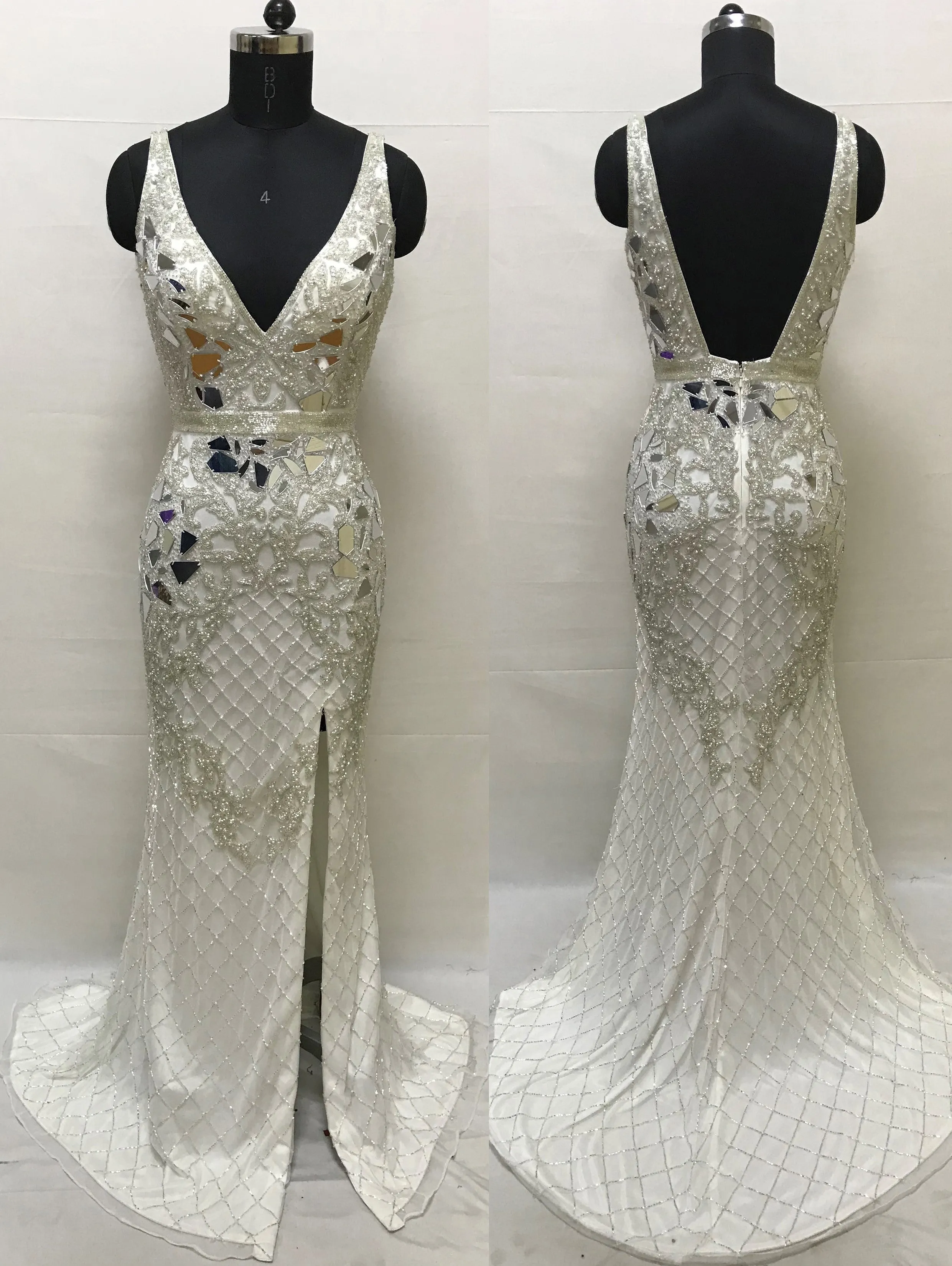 Primavera Couture 3640 Size 6 Long Beaded Cut Glass Formal Prom Dress Slit Backless