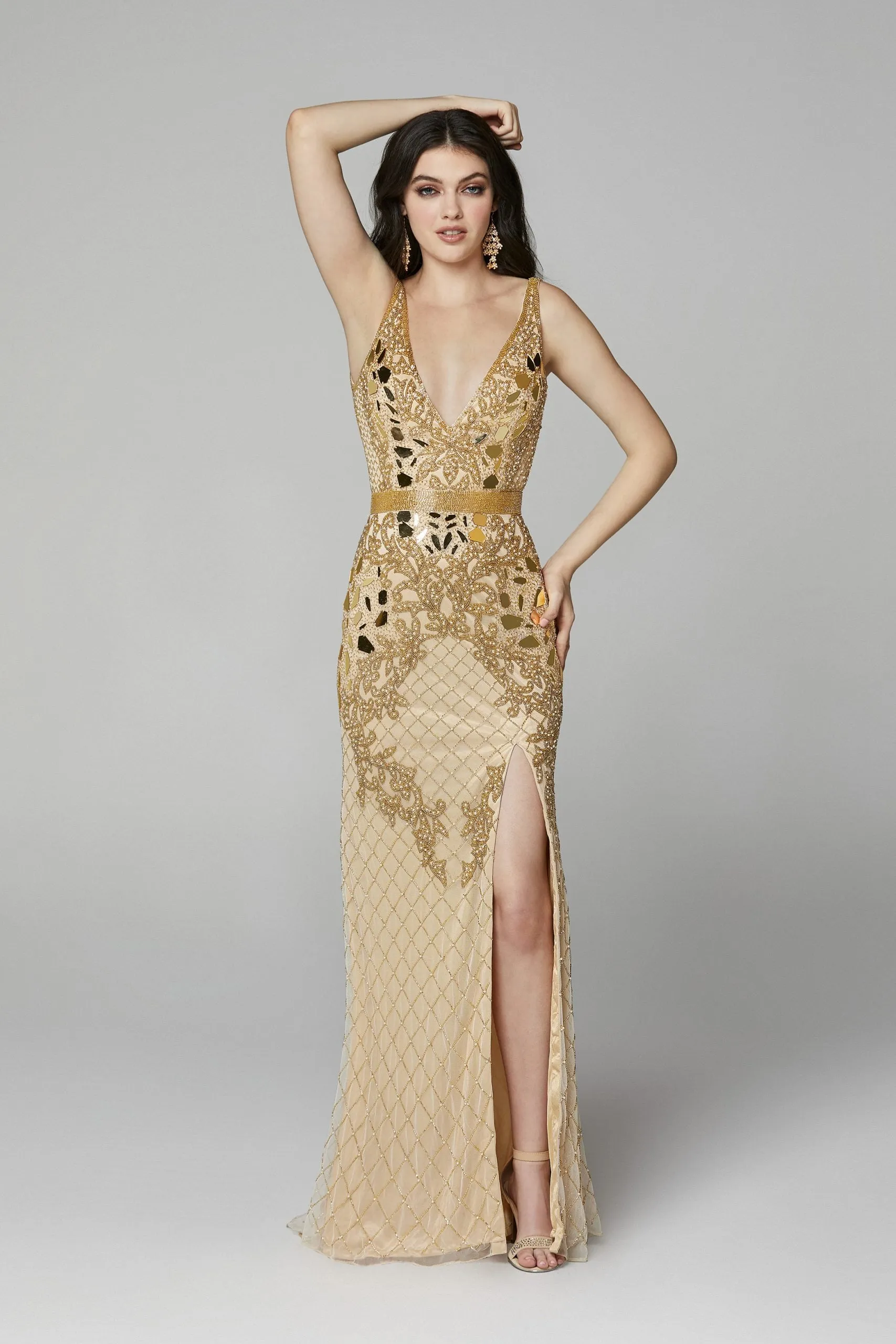 Primavera Couture 3640 Size 6 Long Beaded Cut Glass Formal Prom Dress Slit Backless
