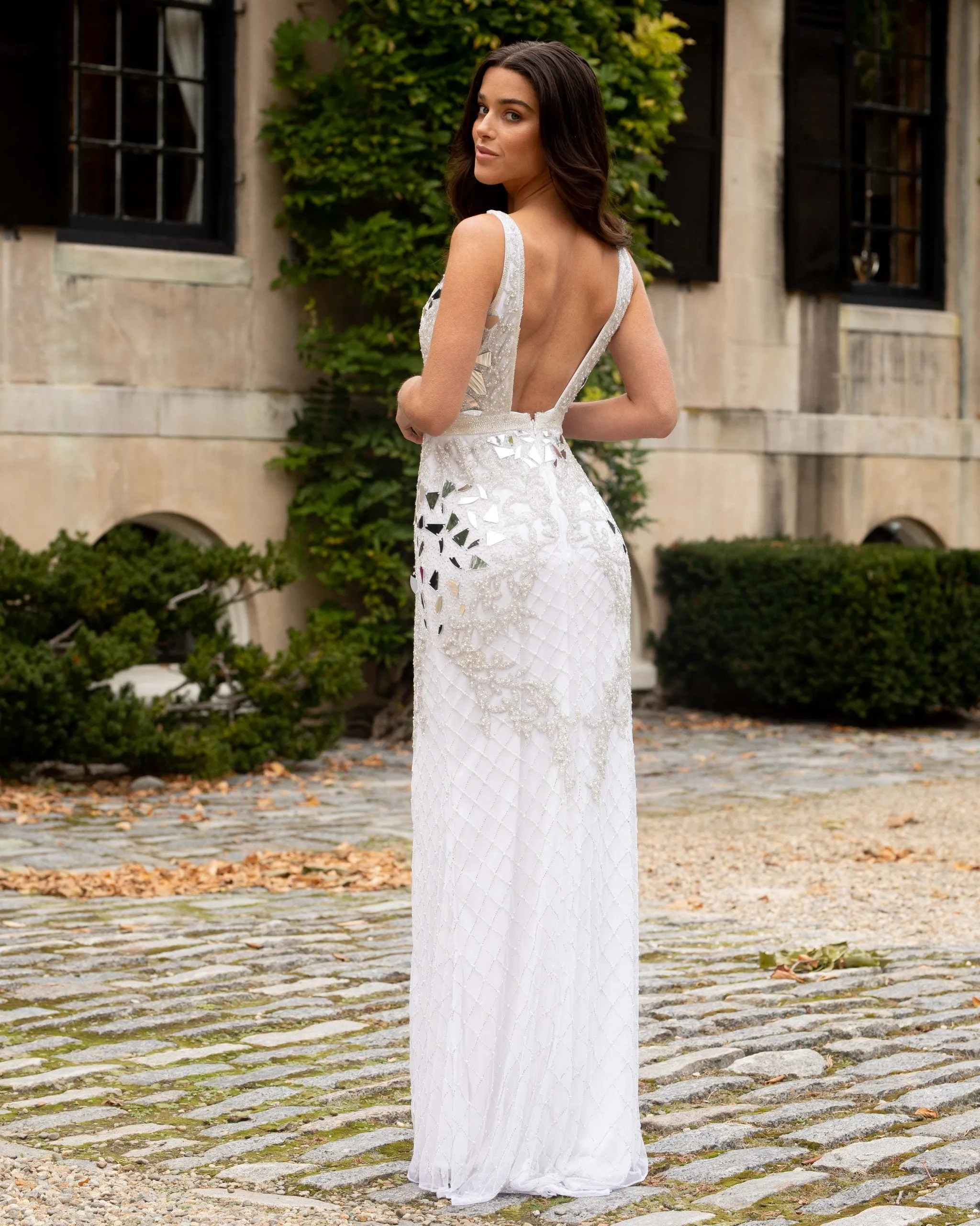 Primavera Couture 3640 Size 6 Long Beaded Cut Glass Formal Prom Dress Slit Backless