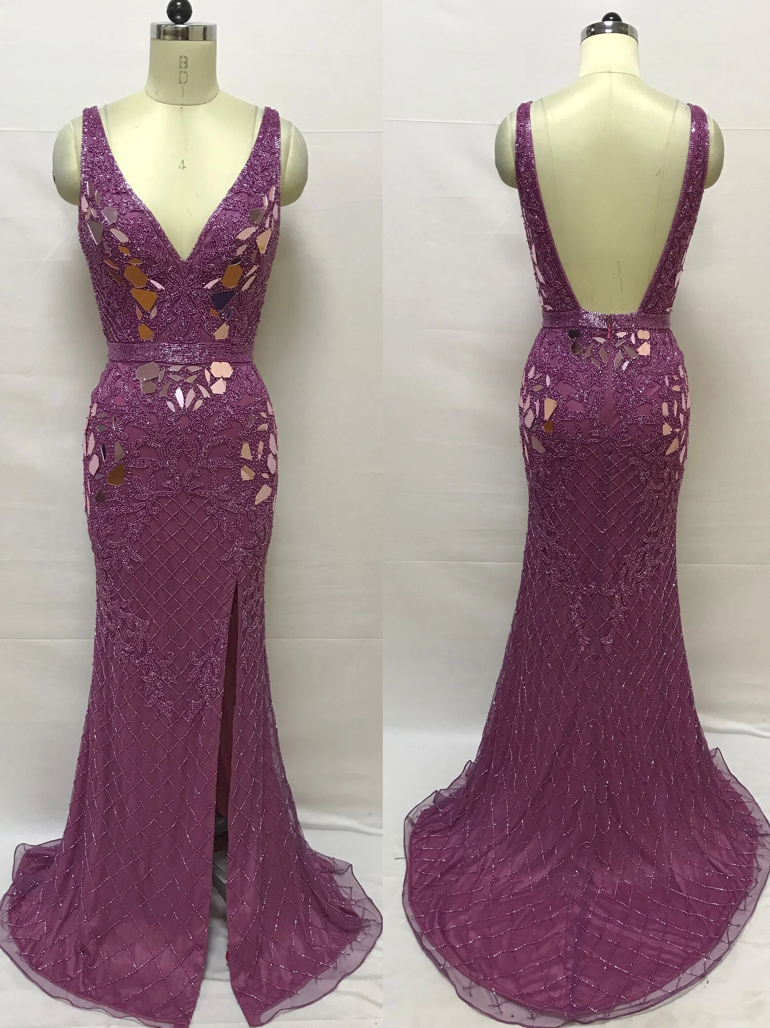 Primavera Couture 3640 Size 6 Long Beaded Cut Glass Formal Prom Dress Slit Backless