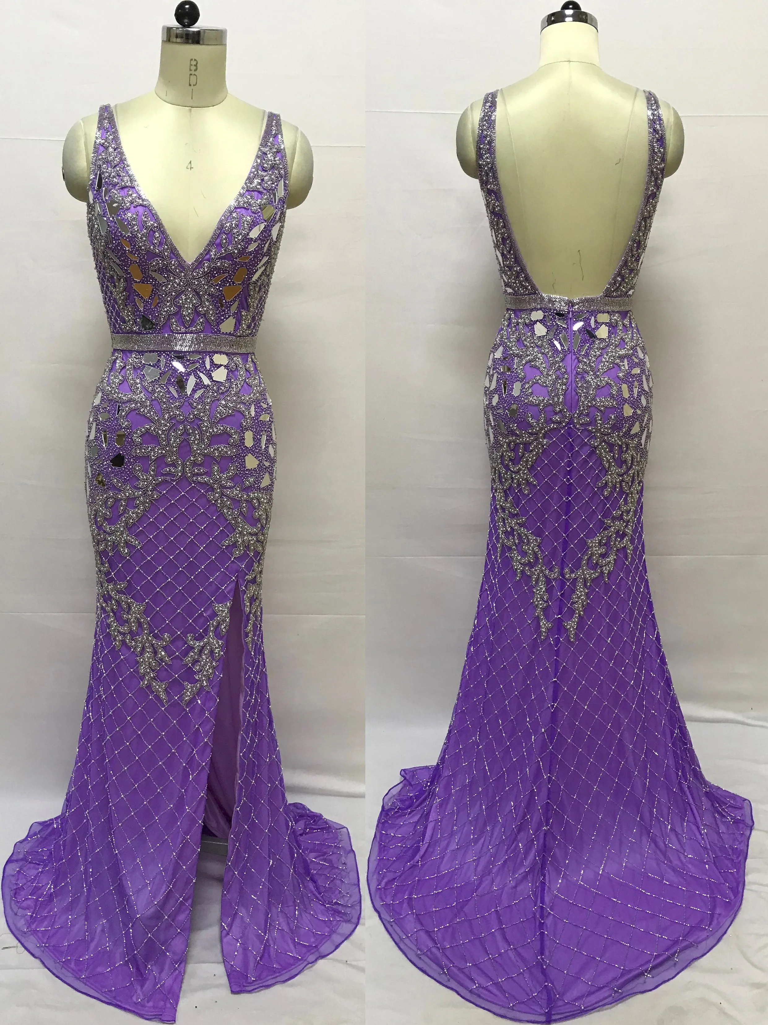 Primavera Couture 3640 Size 6 Long Beaded Cut Glass Formal Prom Dress Slit Backless