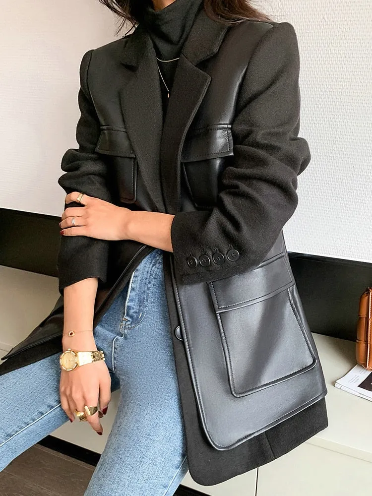 PU Leather Patchwork Single Breasted Blazer