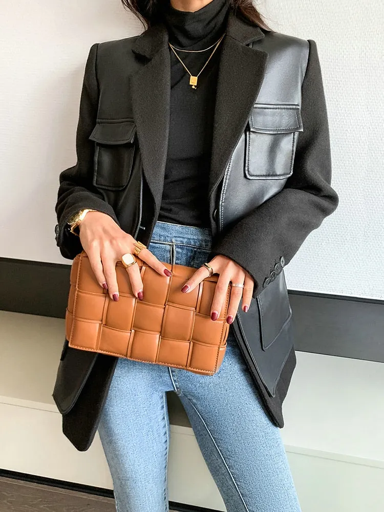 PU Leather Patchwork Single Breasted Blazer