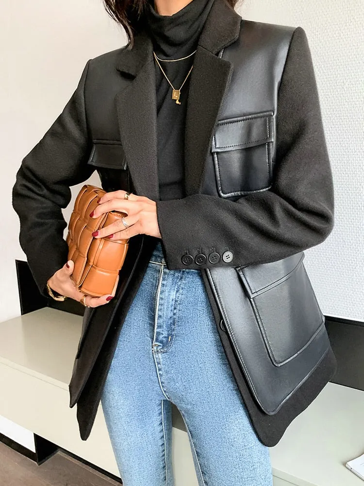 PU Leather Patchwork Single Breasted Blazer