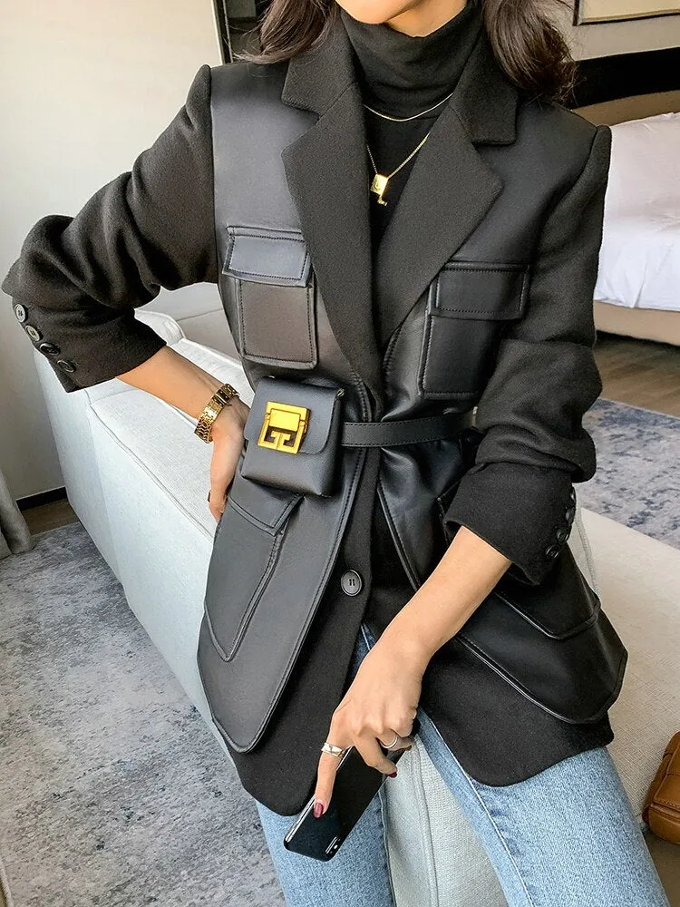 PU Leather Patchwork Single Breasted Blazer