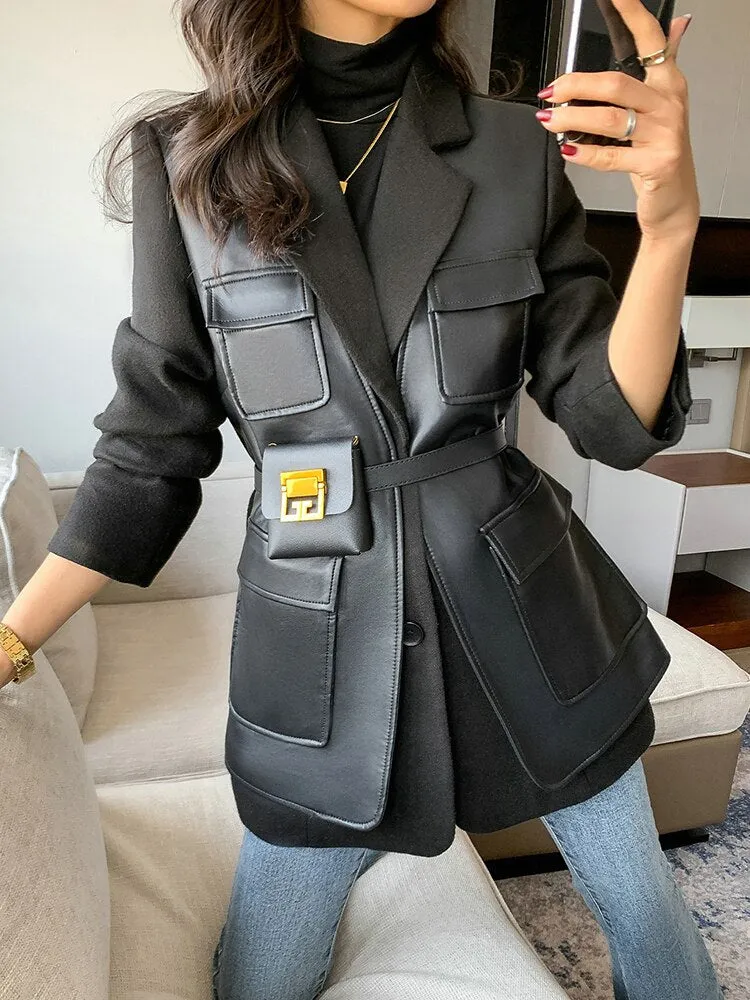 PU Leather Patchwork Single Breasted Blazer