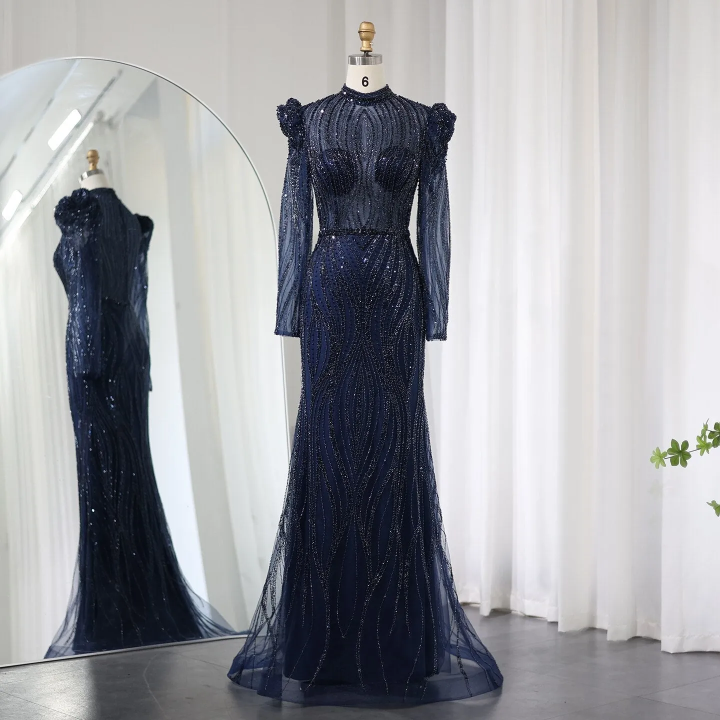 Sharon Said Elegant Mermaid Navy Blue Evening Dress for Women Wedding Emerald Green Long Sleeves Arabic Formal Party Gowns SS019