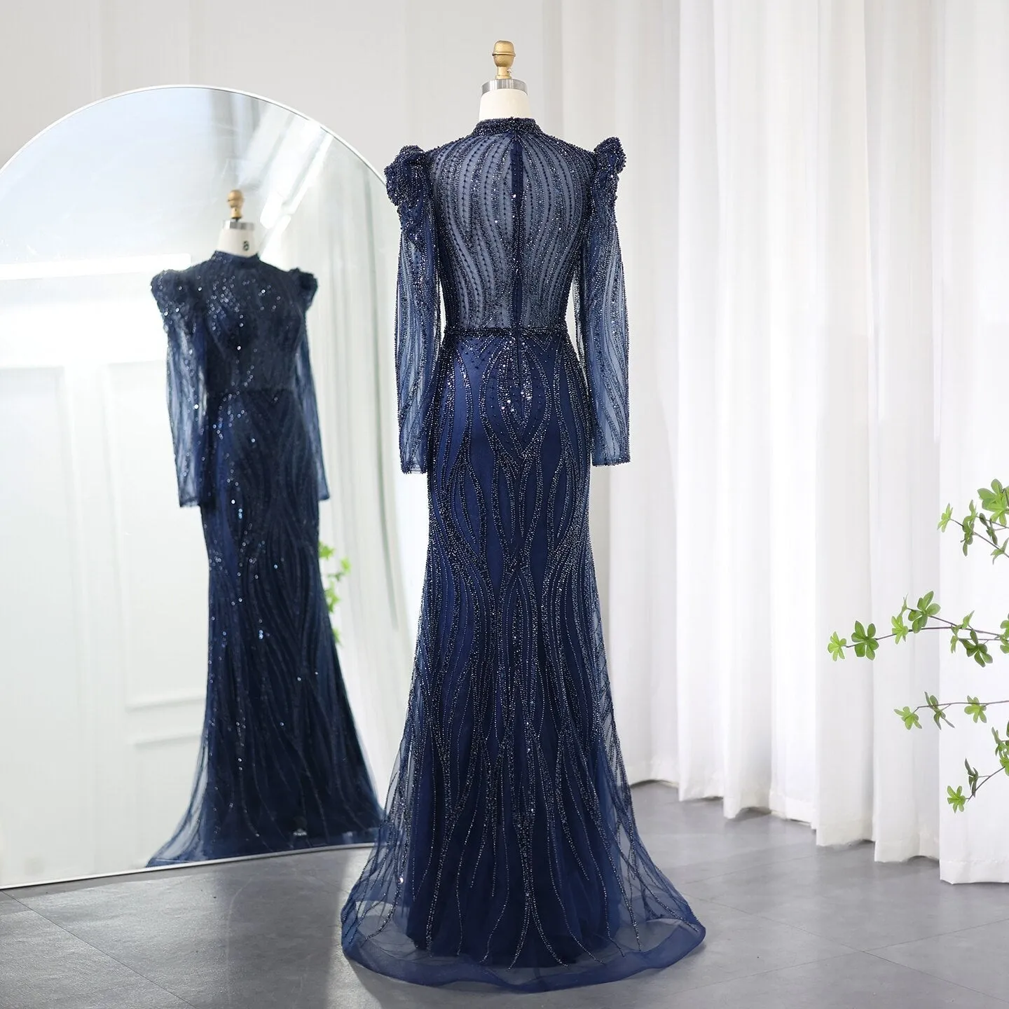 Sharon Said Elegant Mermaid Navy Blue Evening Dress for Women Wedding Emerald Green Long Sleeves Arabic Formal Party Gowns SS019