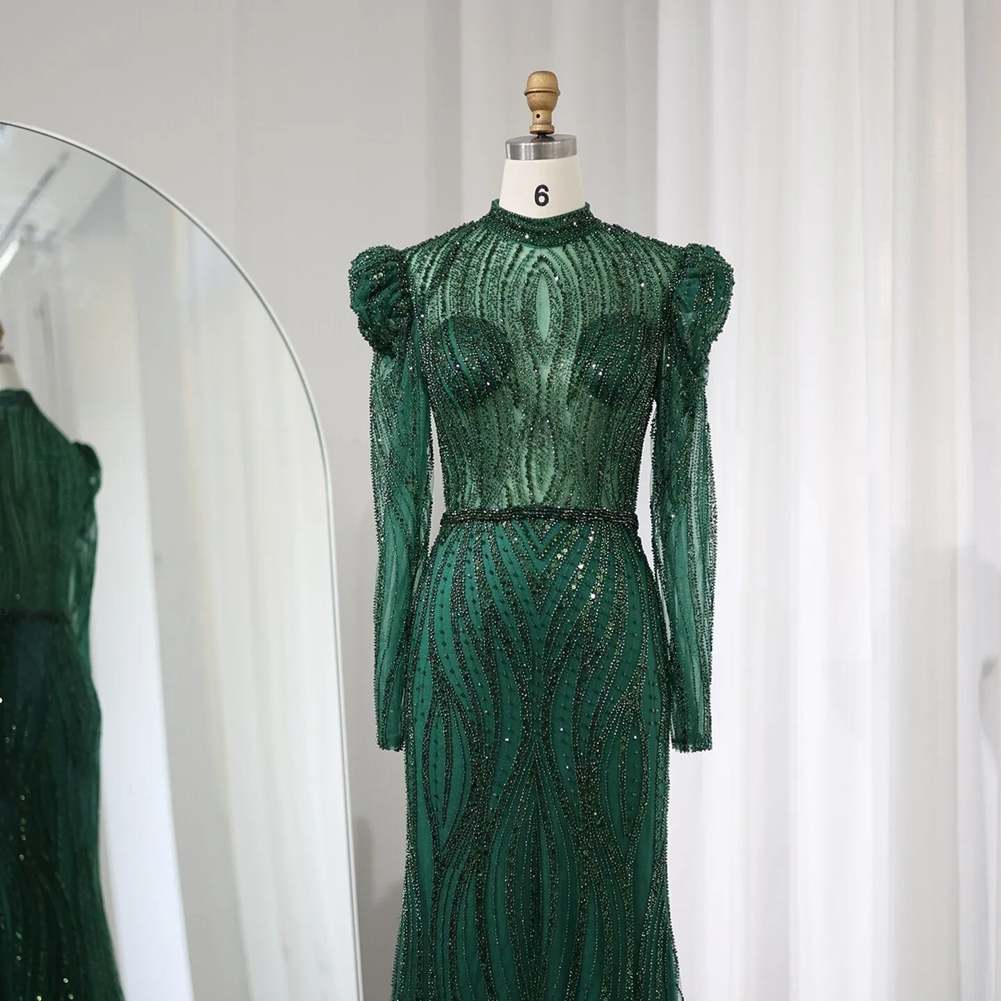 Sharon Said Elegant Mermaid Navy Blue Evening Dress for Women Wedding Emerald Green Long Sleeves Arabic Formal Party Gowns SS019