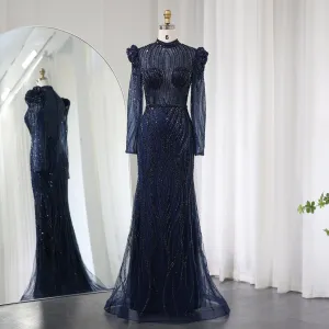 Sharon Said Elegant Mermaid Navy Blue Evening Dress for Women Wedding Emerald Green Long Sleeves Arabic Formal Party Gowns SS019