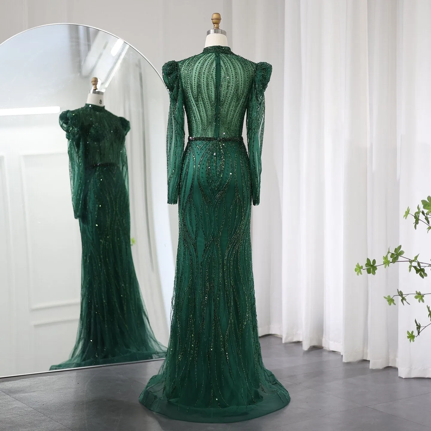 Sharon Said Elegant Mermaid Navy Blue Evening Dress for Women Wedding Emerald Green Long Sleeves Arabic Formal Party Gowns SS019