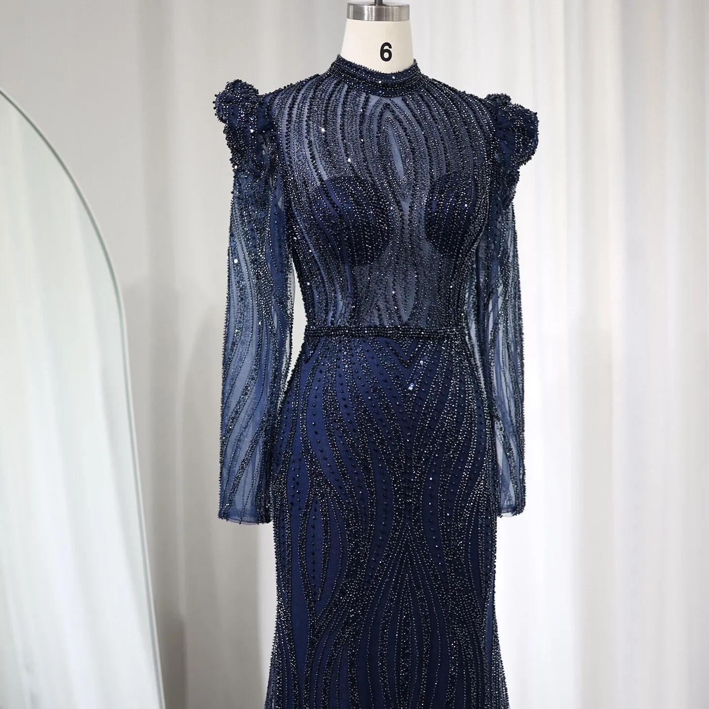 Sharon Said Elegant Mermaid Navy Blue Evening Dress for Women Wedding Emerald Green Long Sleeves Arabic Formal Party Gowns SS019