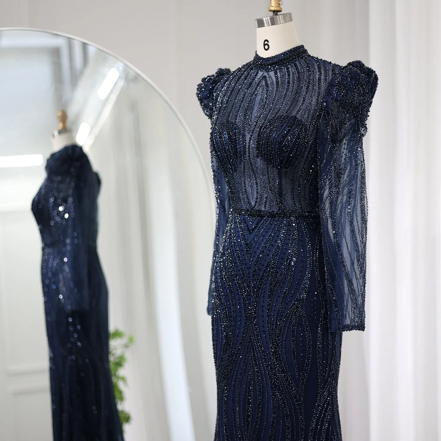 Sharon Said Elegant Mermaid Navy Blue Evening Dress for Women Wedding Emerald Green Long Sleeves Arabic Formal Party Gowns SS019