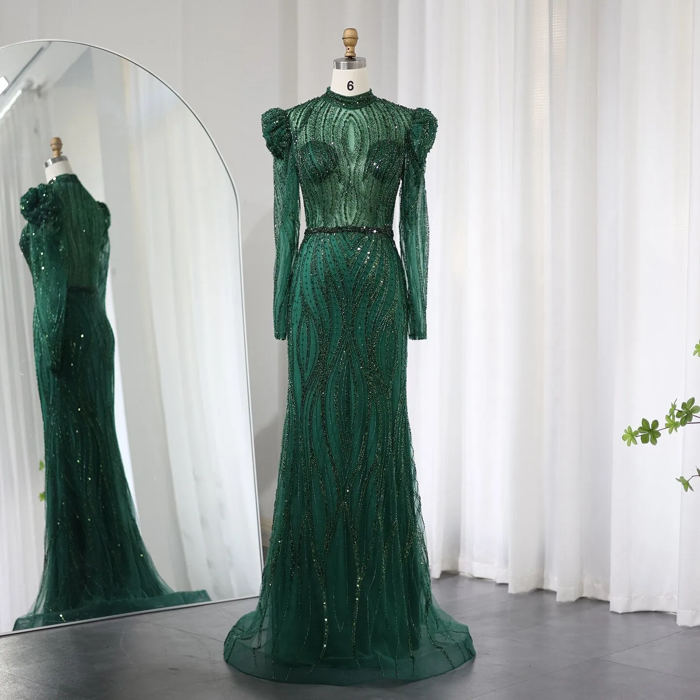 Sharon Said Elegant Mermaid Navy Blue Evening Dress for Women Wedding Emerald Green Long Sleeves Arabic Formal Party Gowns SS019