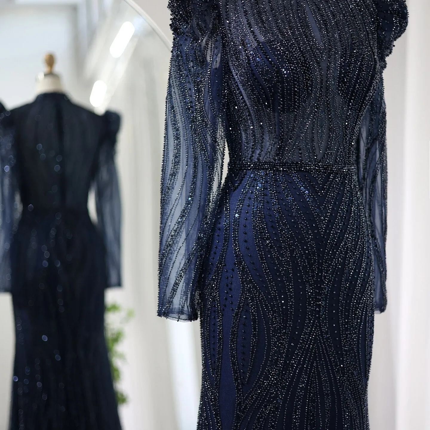 Sharon Said Elegant Mermaid Navy Blue Evening Dress for Women Wedding Emerald Green Long Sleeves Arabic Formal Party Gowns SS019