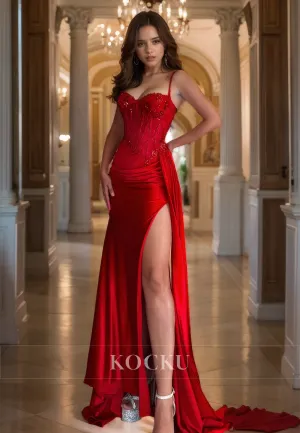 Spaghetti Straps Sweetheart Sheath High Slit Train Pleats Satin Prom Dress with Appliques Party Gown