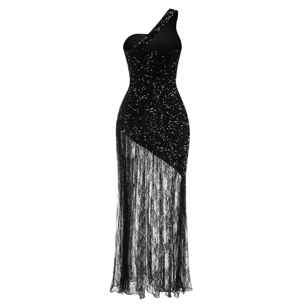 Trend4us Women's One-Shoulder Sequin Lace  Evening Gown