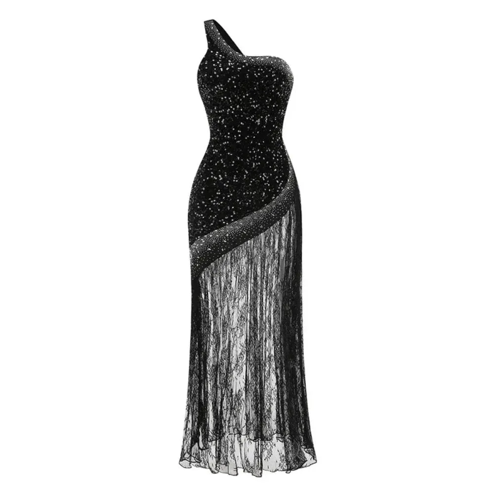 Trend4us Women's One-Shoulder Sequin Lace  Evening Gown
