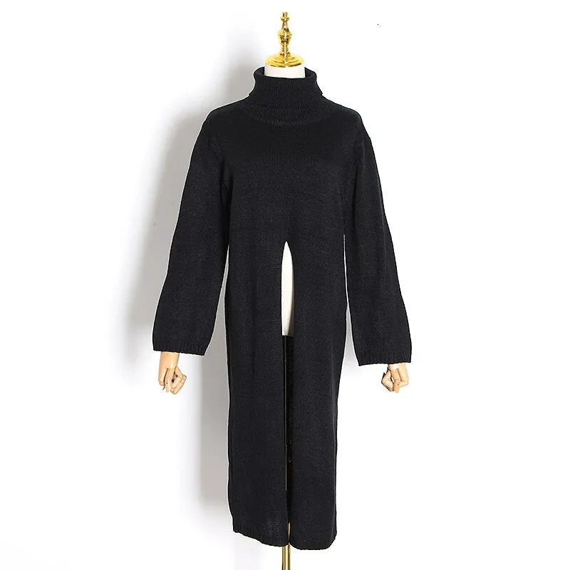 Turtleneck Knitted Split Black Sweater
