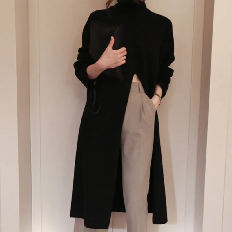 Turtleneck Knitted Split Black Sweater