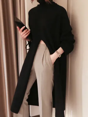 Turtleneck Knitted Split Black Sweater
