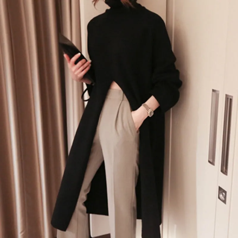 Turtleneck Knitted Split Black Sweater