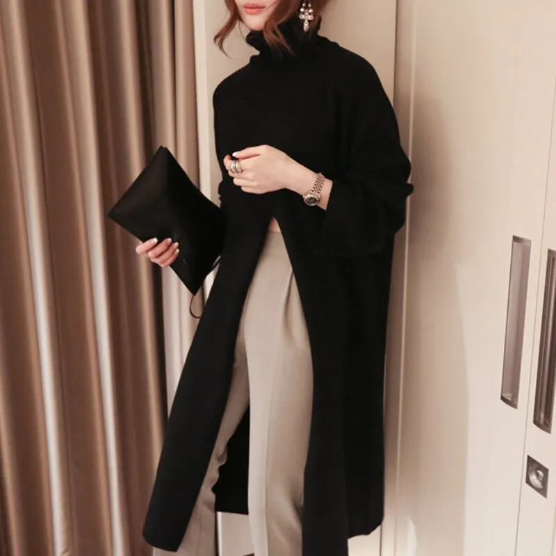 Turtleneck Knitted Split Black Sweater