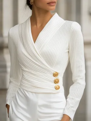 White Stripes Pleated Wrap Blouse with Gold Buttons