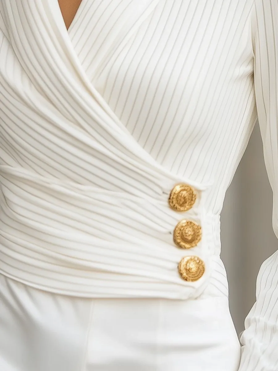 White Stripes Pleated Wrap Blouse with Gold Buttons