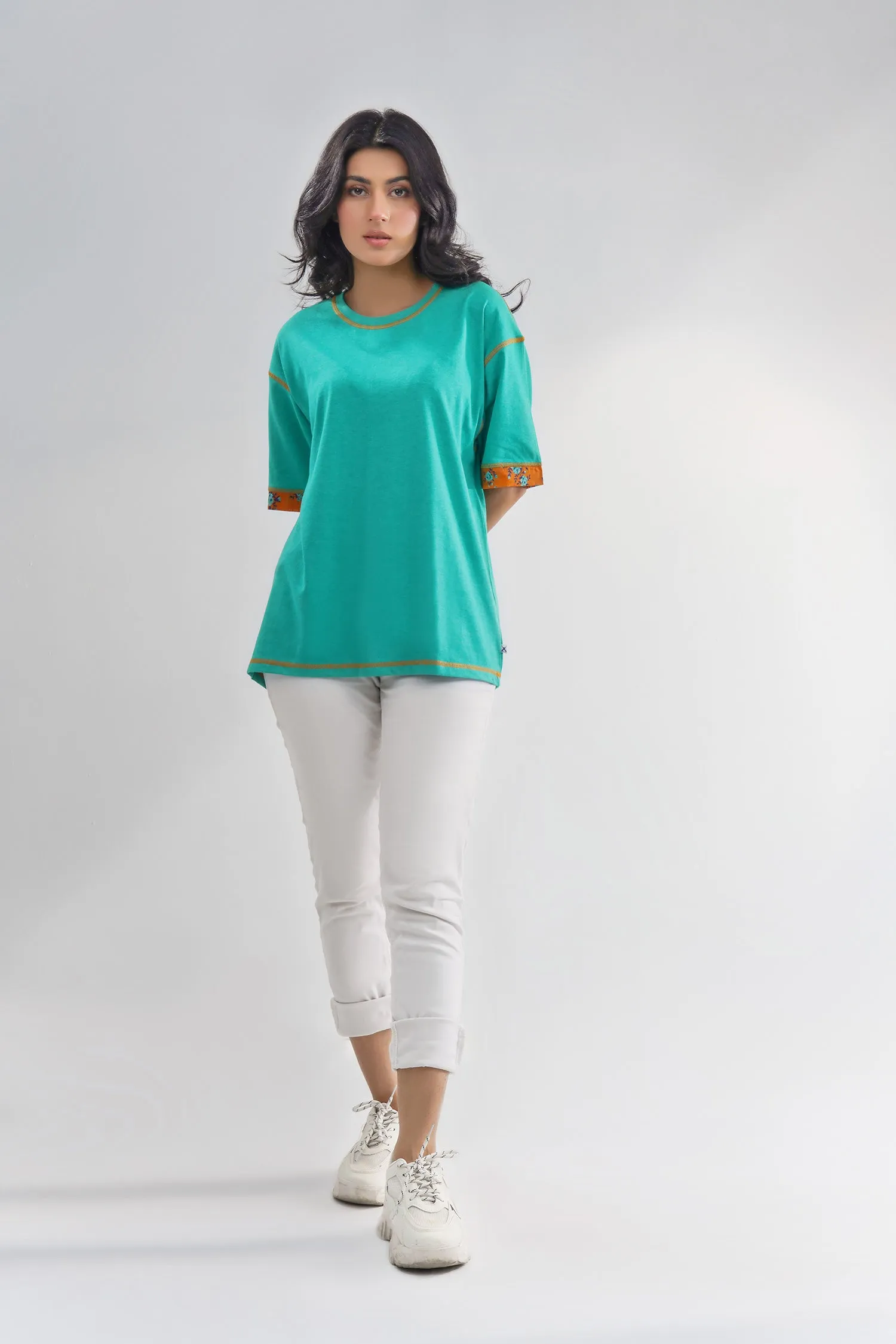 Women Contrast Five Thread T-Shirt