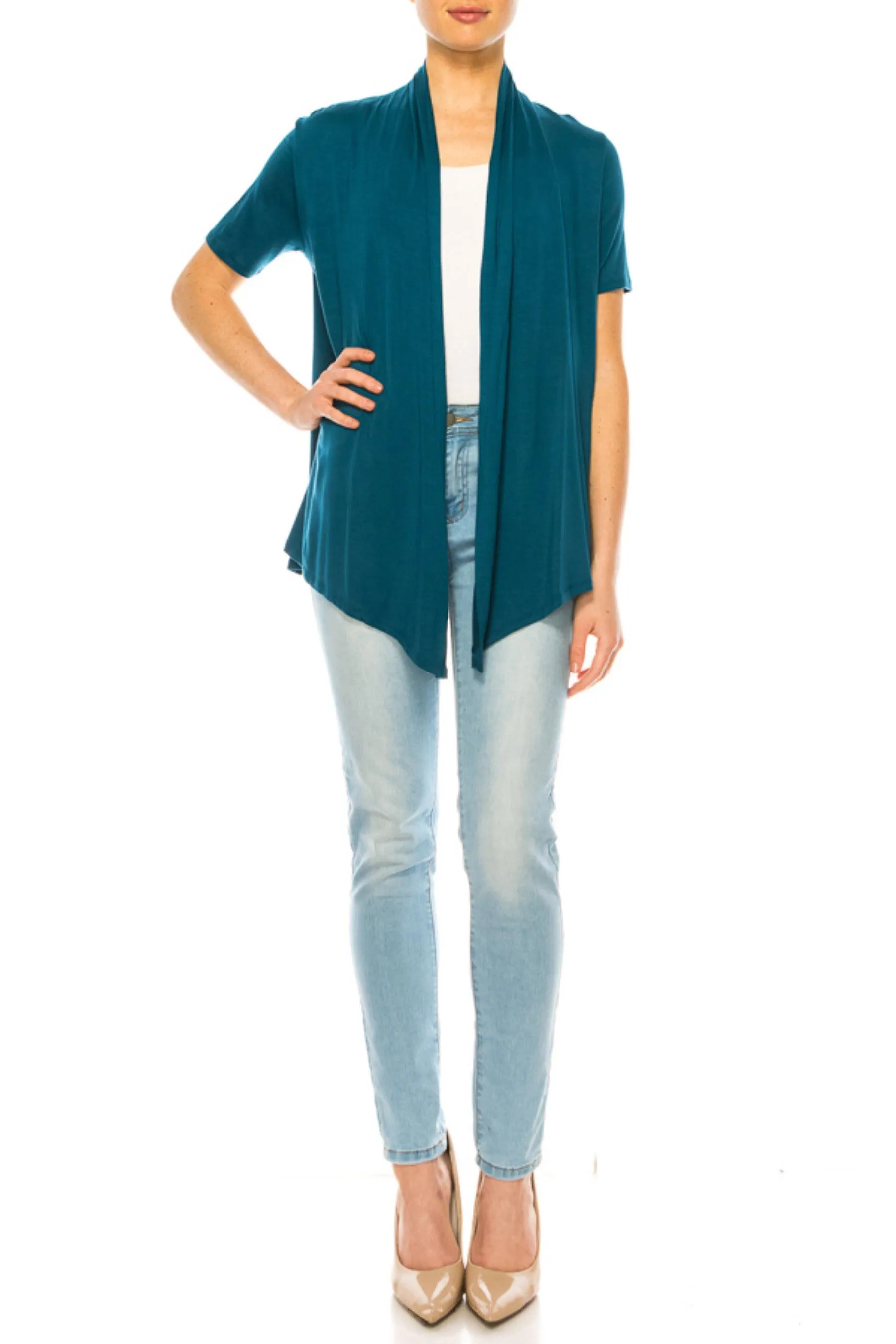 Women's Asymmetrical Hem Solid Cardigan with Short Sleeves