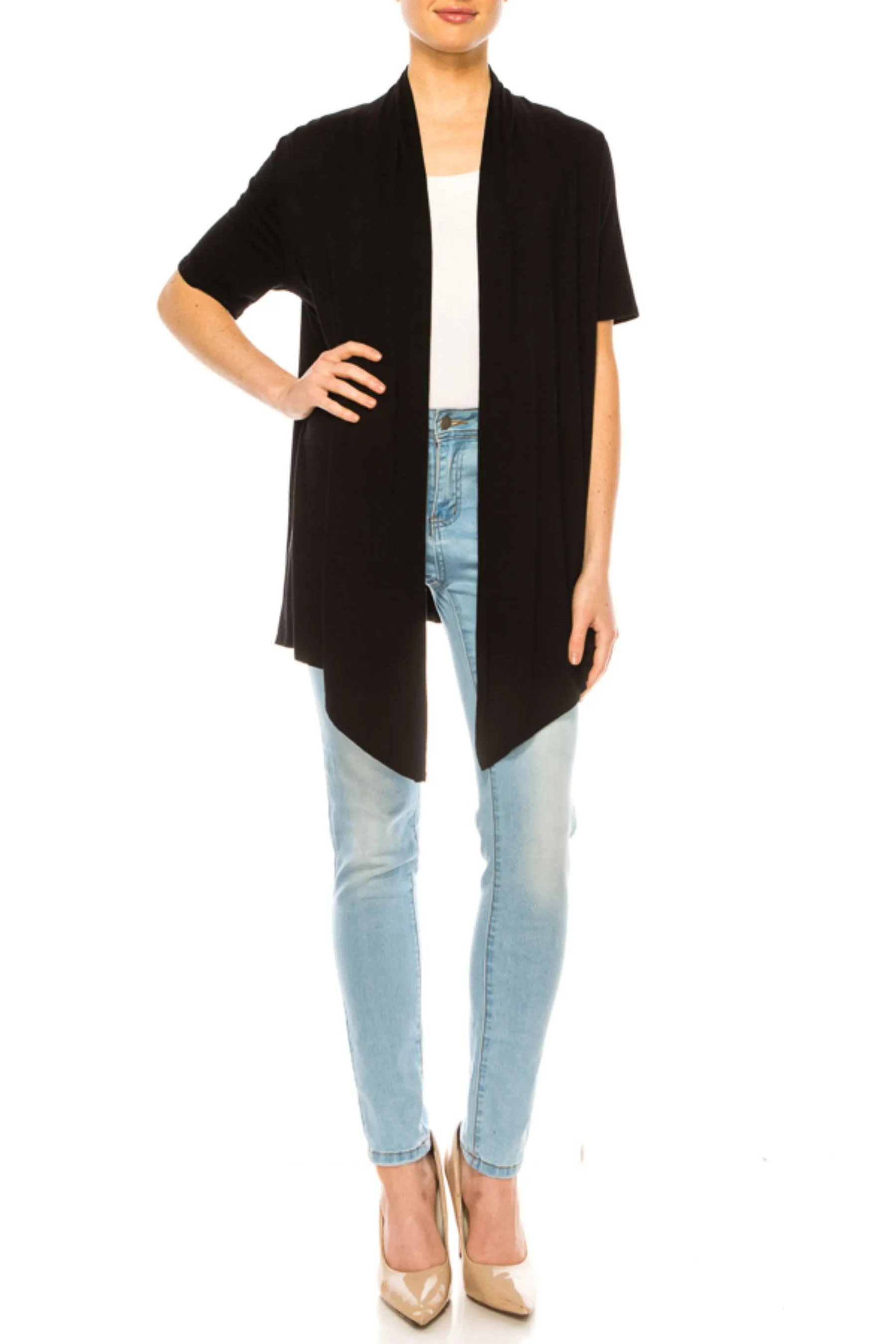 Women's Asymmetrical Hem Solid Cardigan with Short Sleeves