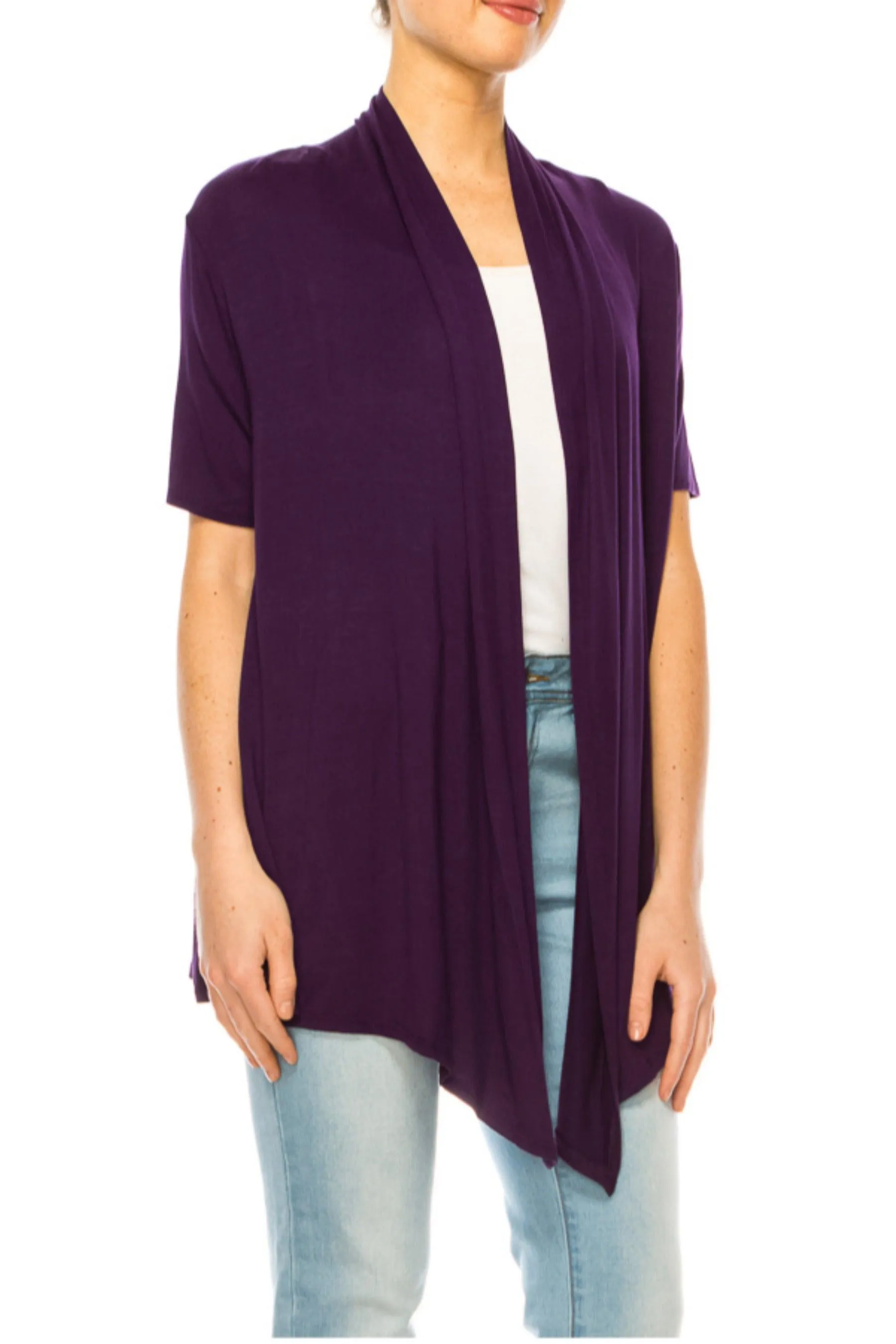Women's Asymmetrical Hem Solid Cardigan with Short Sleeves