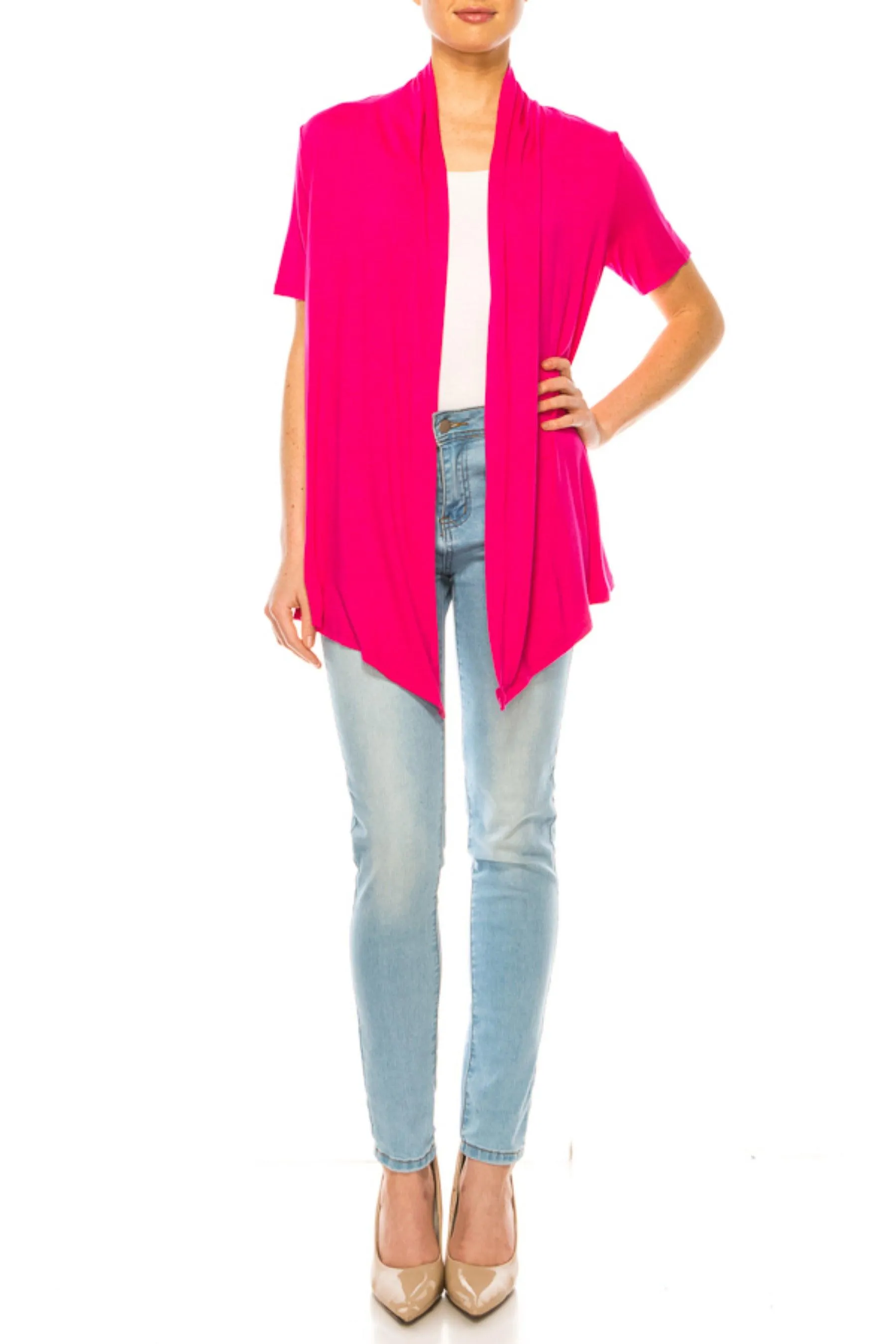 Women's Asymmetrical Hem Solid Cardigan with Short Sleeves