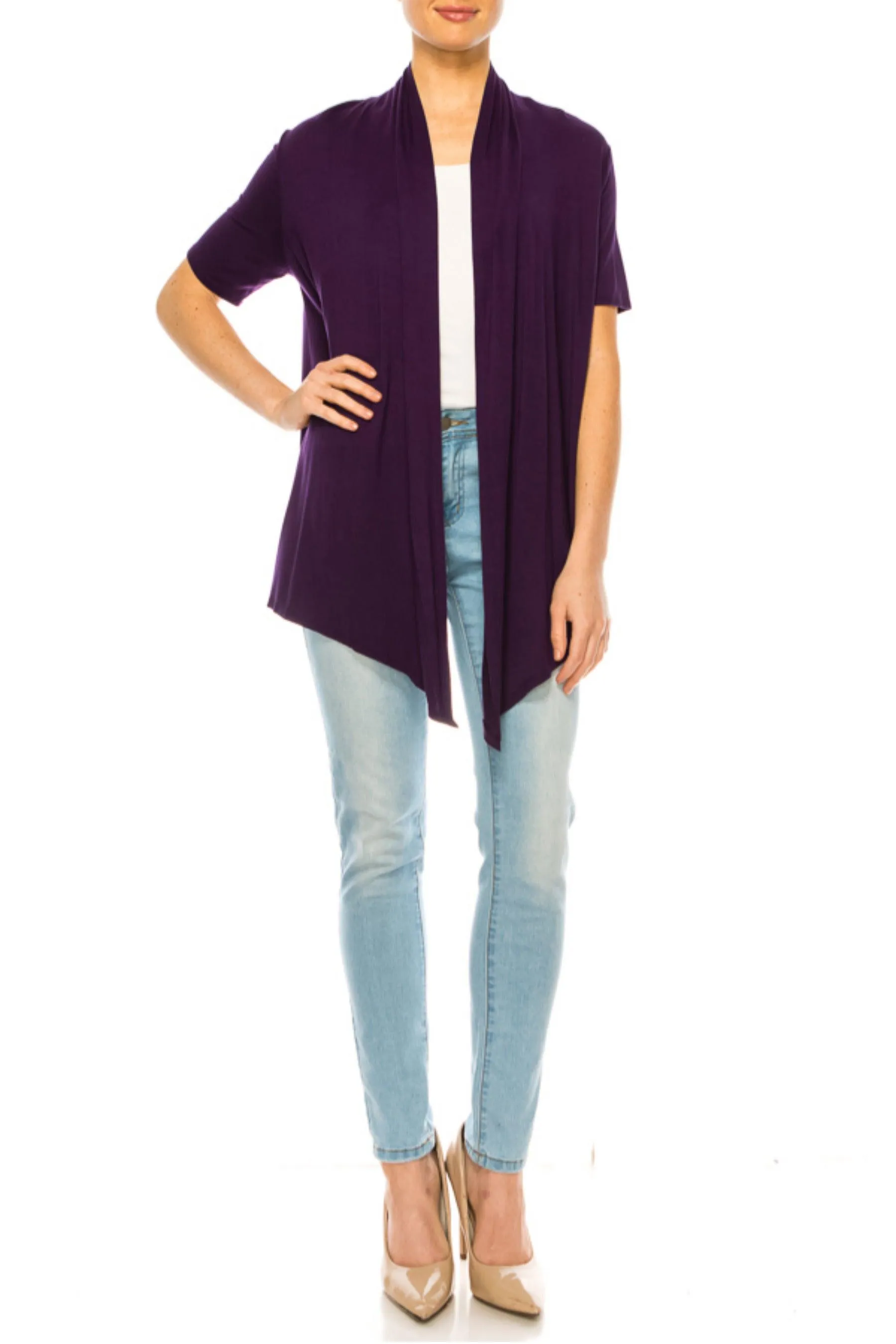 Women's Asymmetrical Hem Solid Cardigan with Short Sleeves