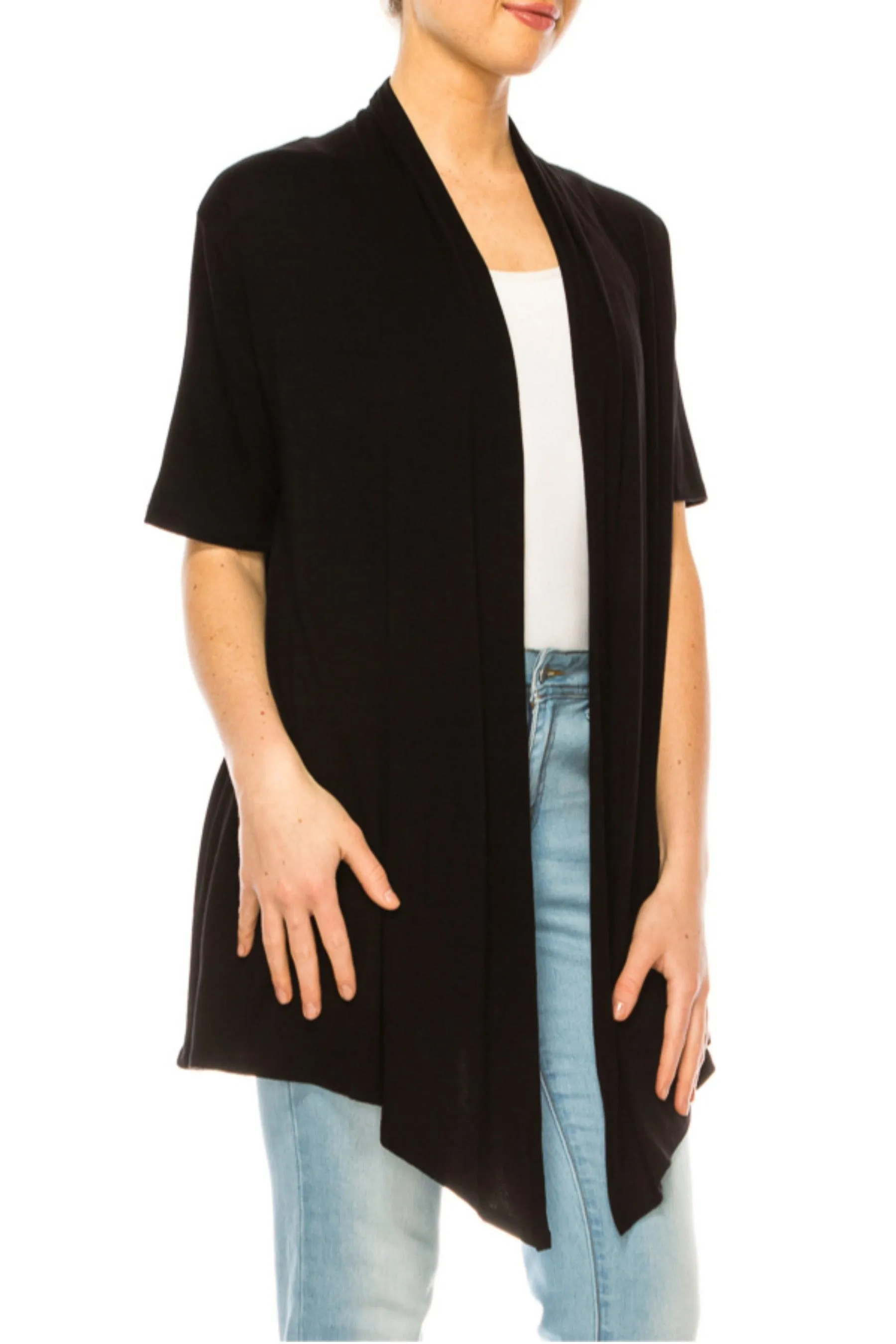 Women's Asymmetrical Hem Solid Cardigan with Short Sleeves
