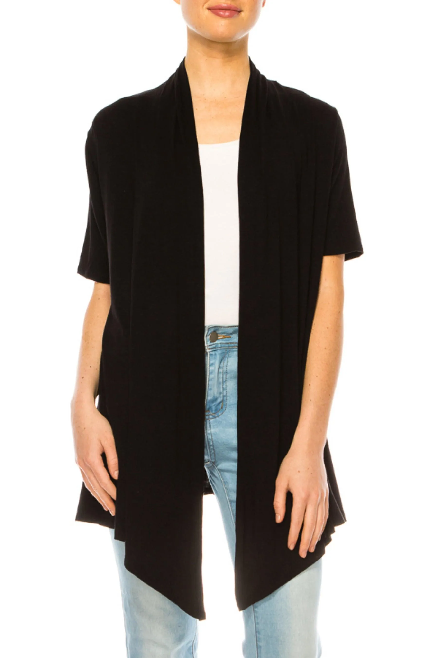 Women's Asymmetrical Hem Solid Cardigan with Short Sleeves