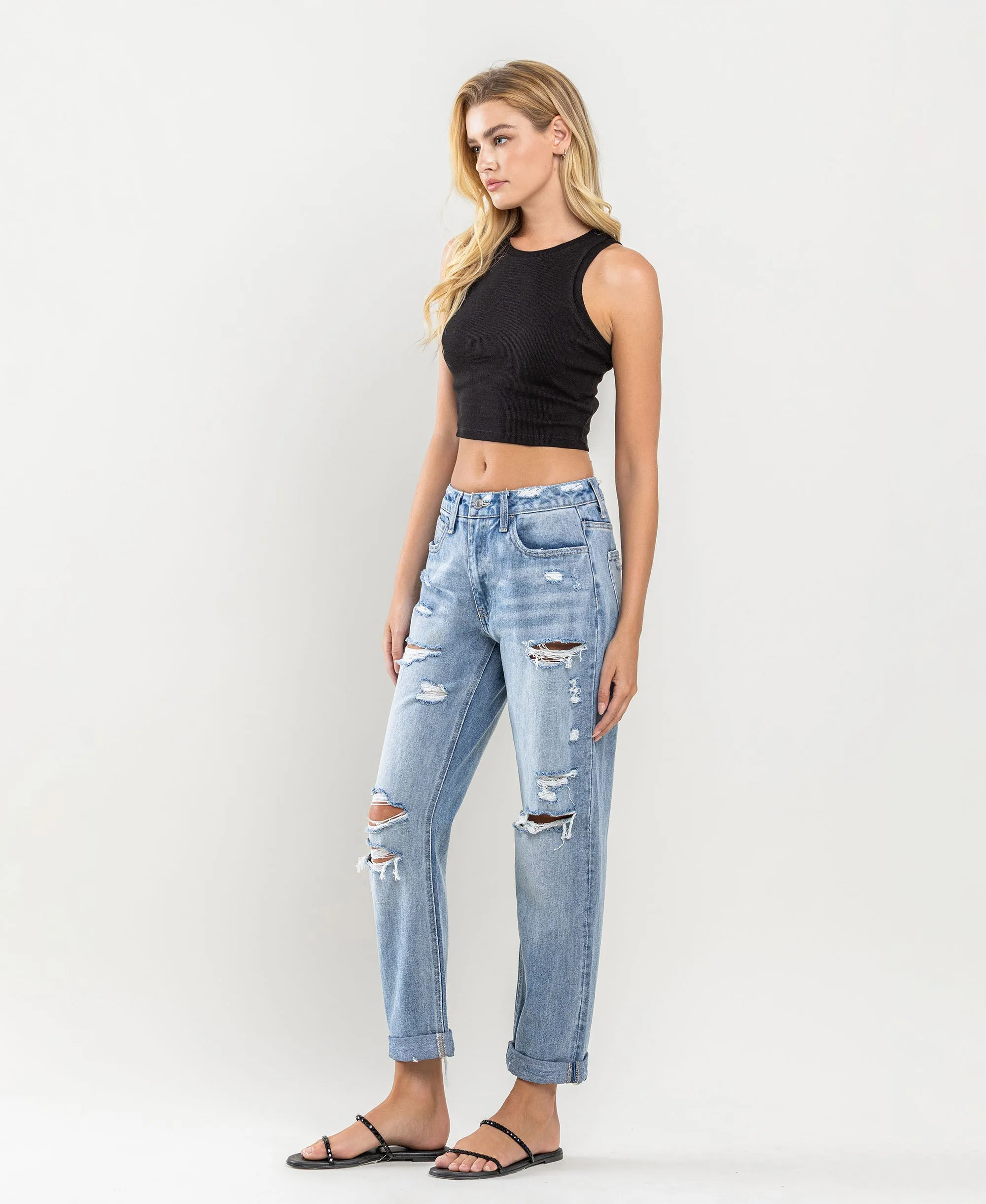 Worn Blue - High Rise Cuffed Distressed Rigid Boyfriend Jeans